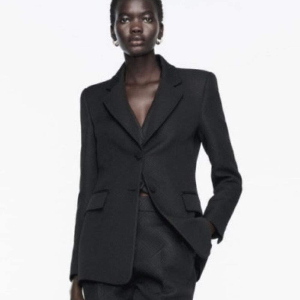 NWOT Zara Jacquard Blazer Small Black Geometric Minkmalist Office Professional - Picture 2 of 12